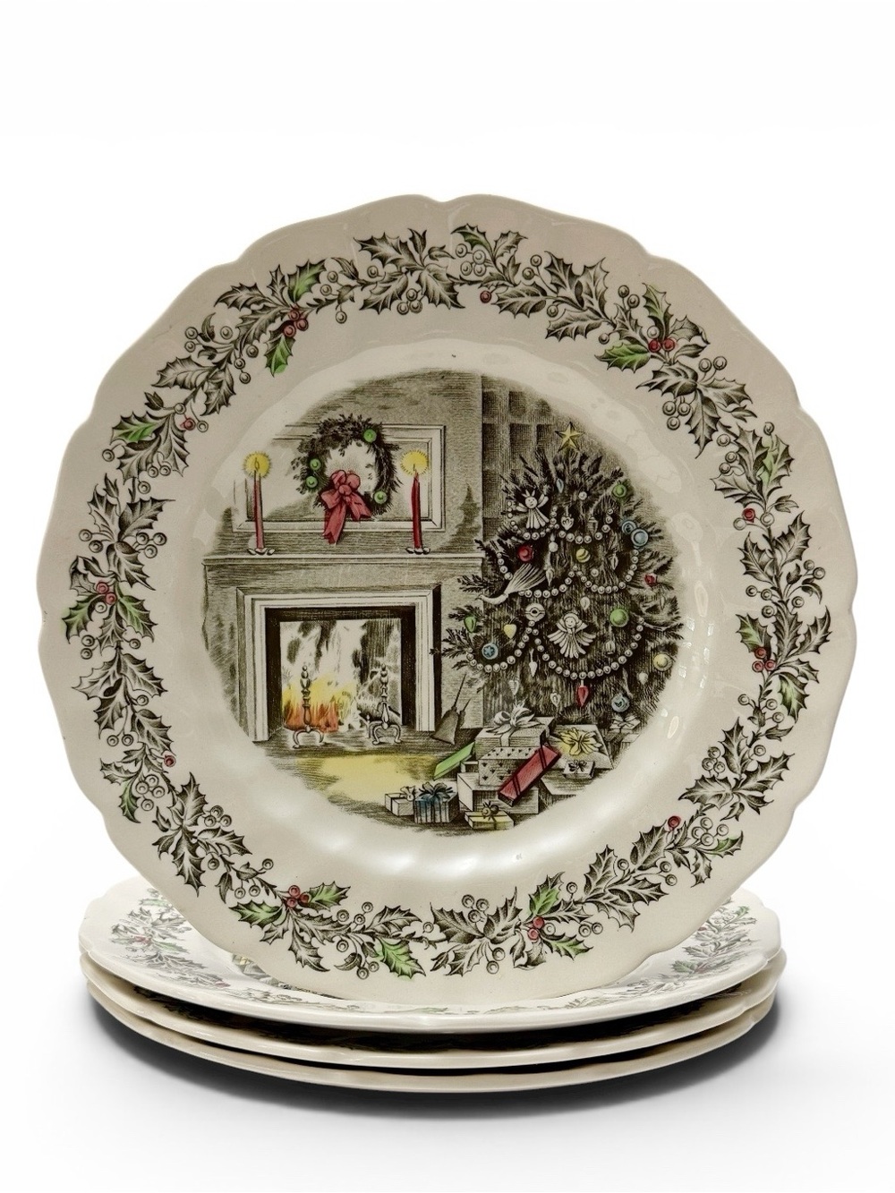 Vintage Johnson Bros Merry Christmas Set of 4 Dinner Plates 10 5/8” Ironstone #1